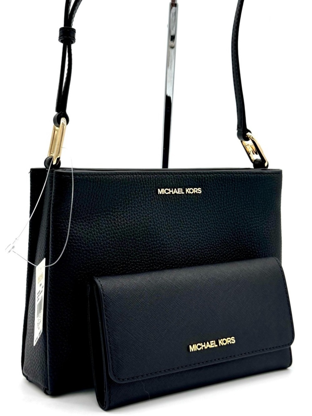 Michael Kors Trisha Medium Crossbody Bag w Matching Trifold Wallet Black/Gold